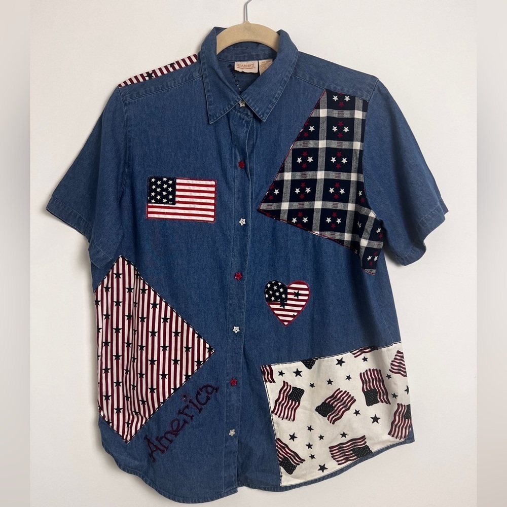 Vintage Roman's 16W Cotton Short Sleeve Patriotic Patchwork Quirky Denim Top